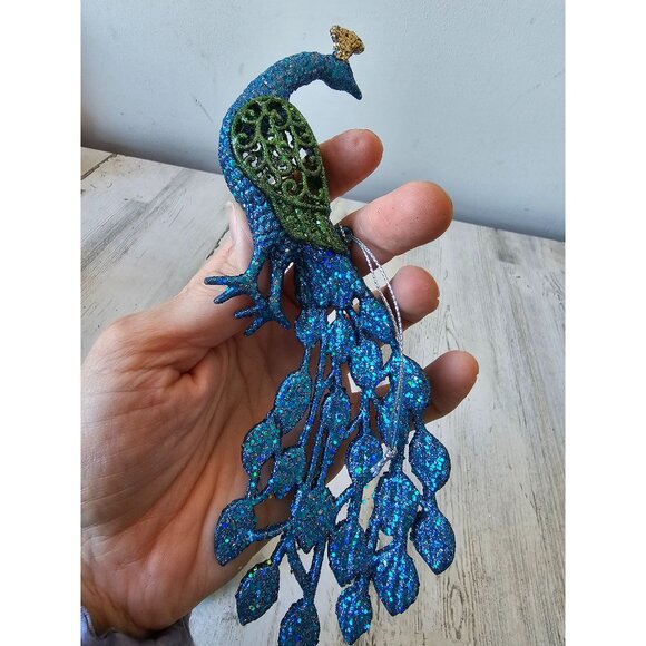 Vintage Kurt Adler peacock glitter ornament bird green blue purple Xmas tree - Picture 10 of 10